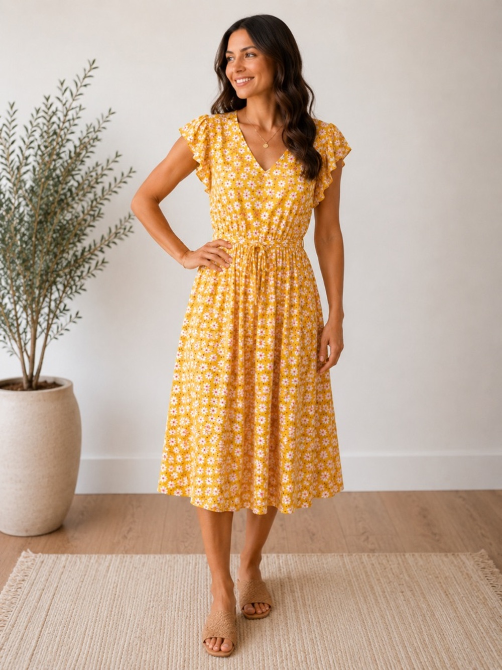 Woman’s Old Navy yellow floral v neck tie belted dress size L